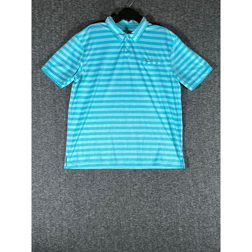 Reel Legends Freeline Mens Large Turquoise Striped Performance Polo Shirt Pocket